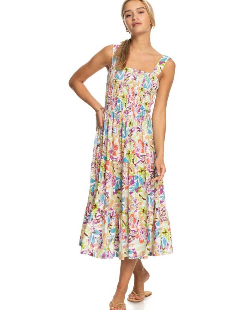 Snow White Pualani Combo Roxy Honeymoon Avenue Printed Midi Dress | ABRZQT930