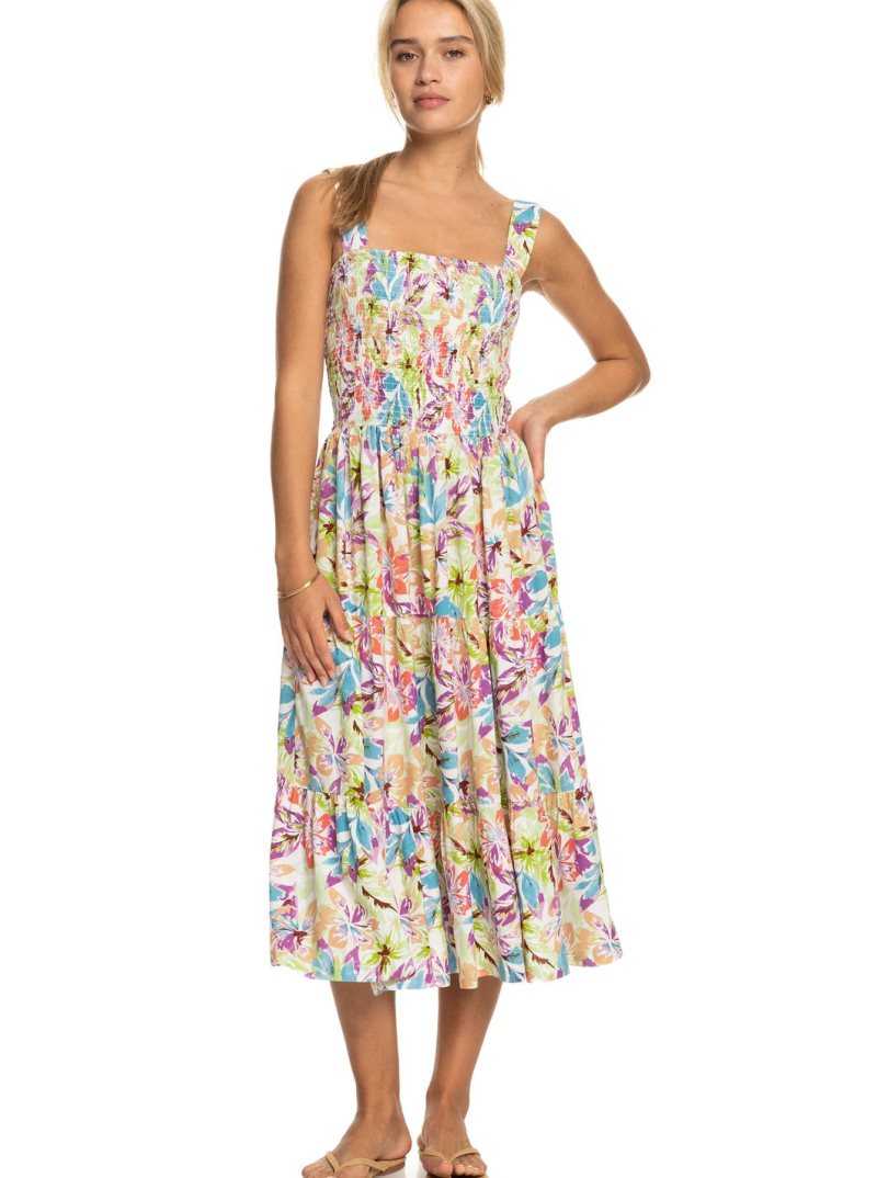 Snow White Pualani Combo Roxy Honeymoon Avenue Printed Midi Dress | ABRZQT930