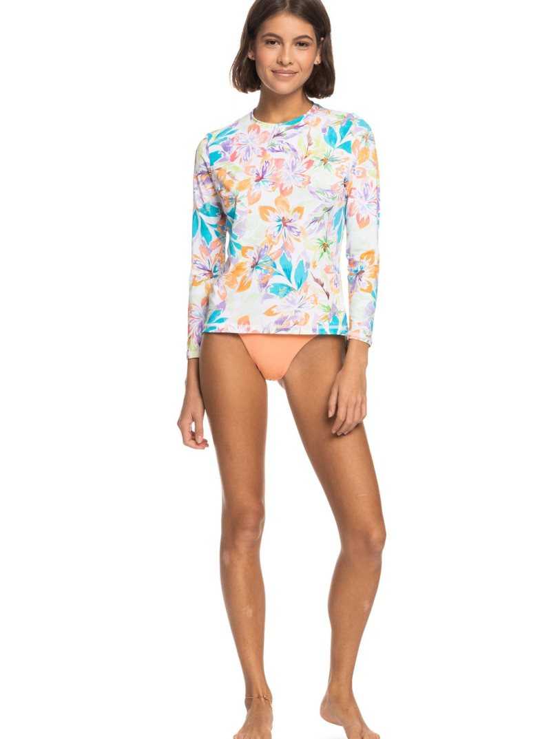 Snow White Pualani Combo Roxy Sea Skippin UPF 50 Long Sleeve Rashguard | CPZAKH340