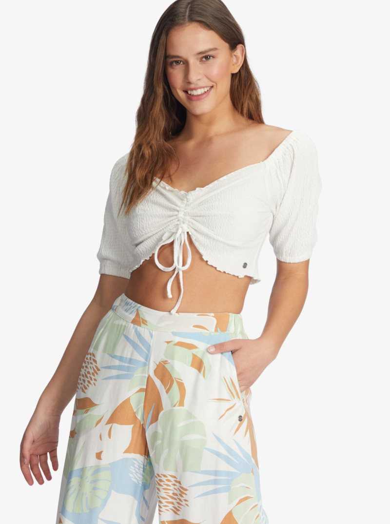 Snow White Roxy Flirty Walk Puff Sleeve Crop Top | XQJAYP239