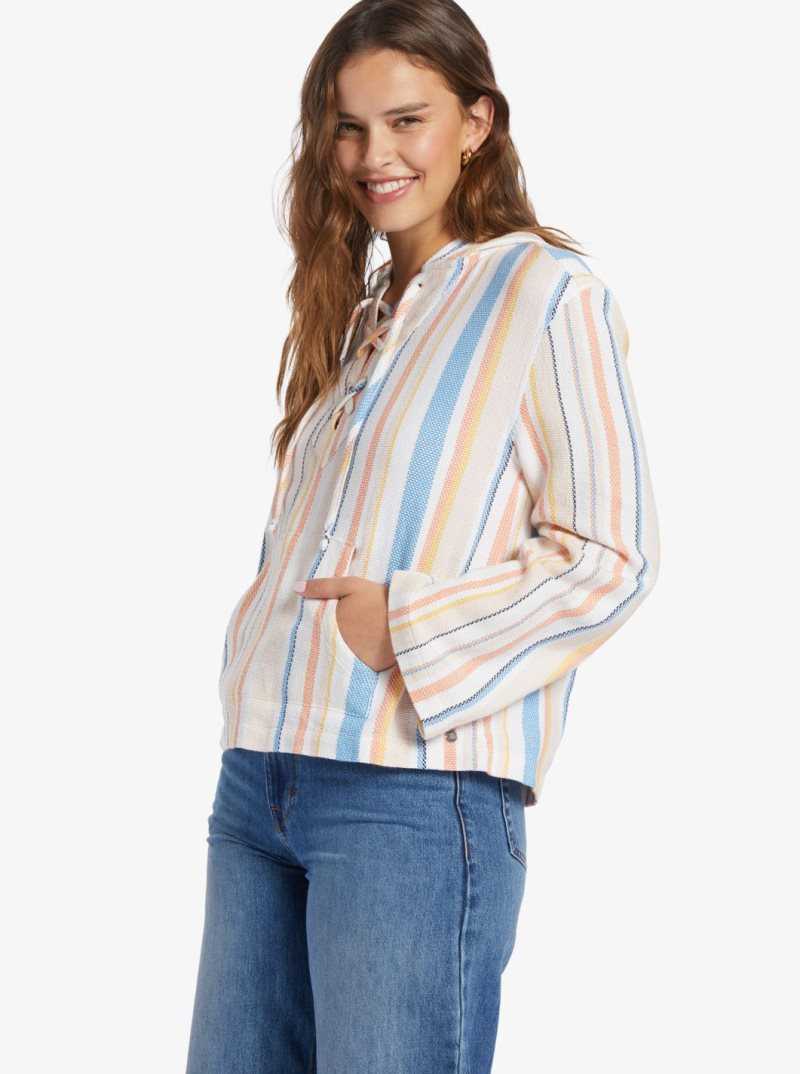 Snow White Shoreside Stripe Roxy Cabo Trip Hooded Poncho | RZGVJY982