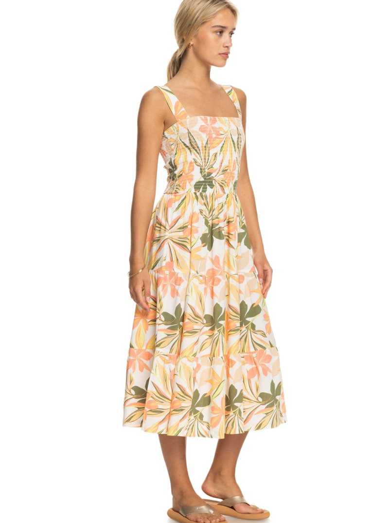 Snow White Subtly Salty Multic Roxy Honeymoon Avenue Printed Midi Dress | VLOHKQ368