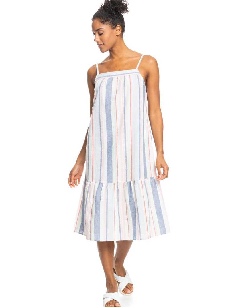 Snow White The Line Up Stripe Roxy Glorious Sunshine Strappy Midi Dress | IUAEXK164