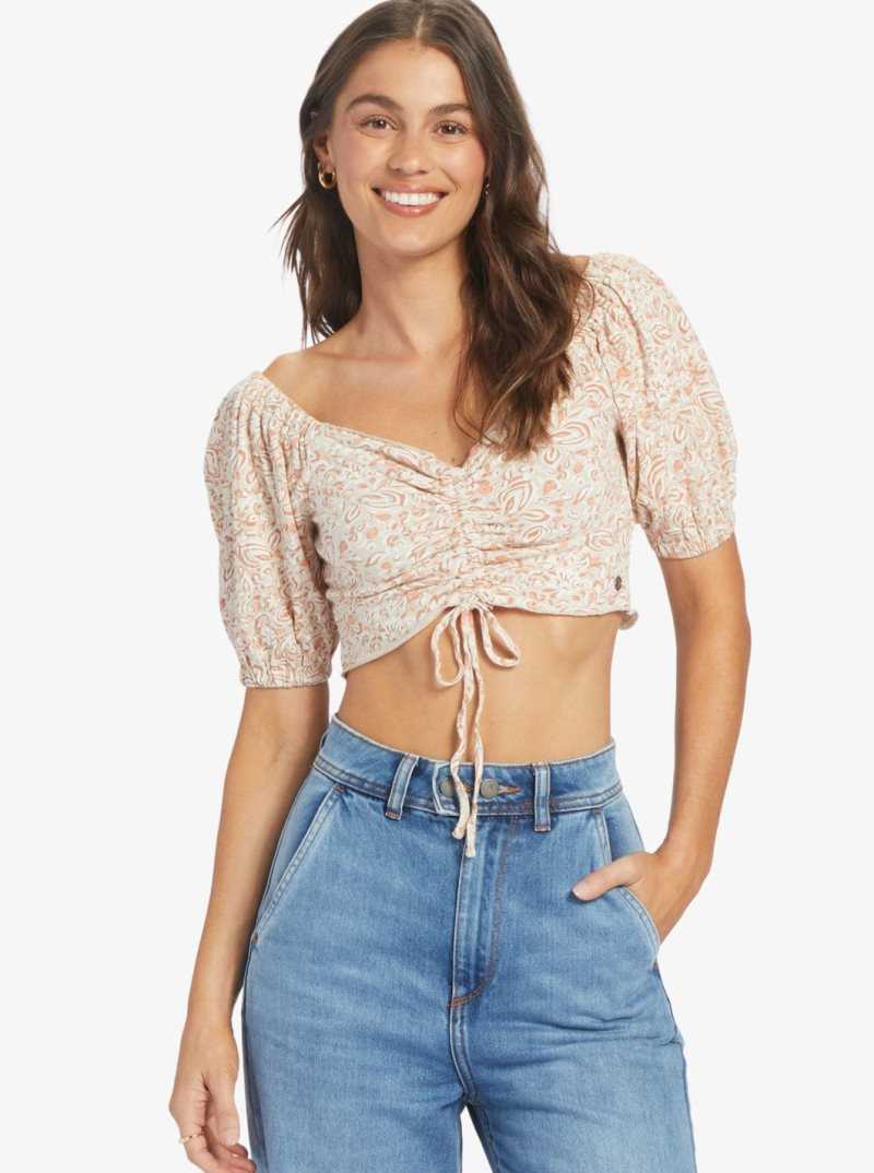 Tapioca Pretty Paisley Roxy Flirty Walk Printed Ruched Crop Top | PKAFSE821