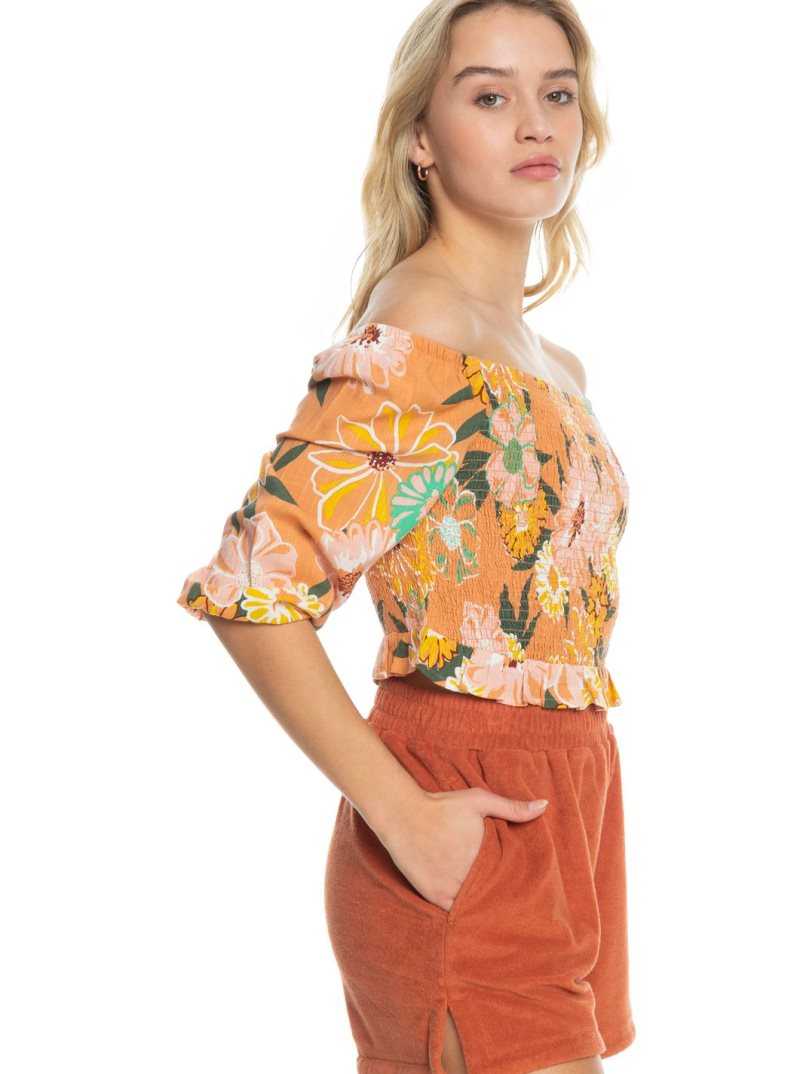 Toasted Nut Bloom Boogie Roxy Like The Sun Again Woven Off The Shoulder Top | CAVMBY965