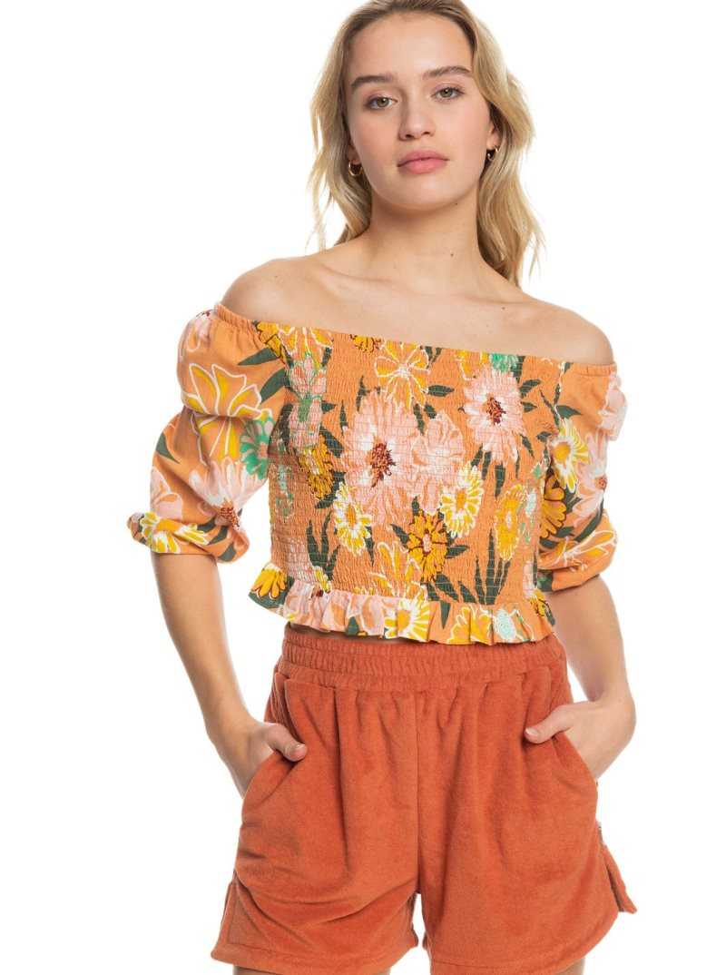 Toasted Nut Bloom Boogie Roxy Like The Sun Again Woven Off The Shoulder Top | CAVMBY965