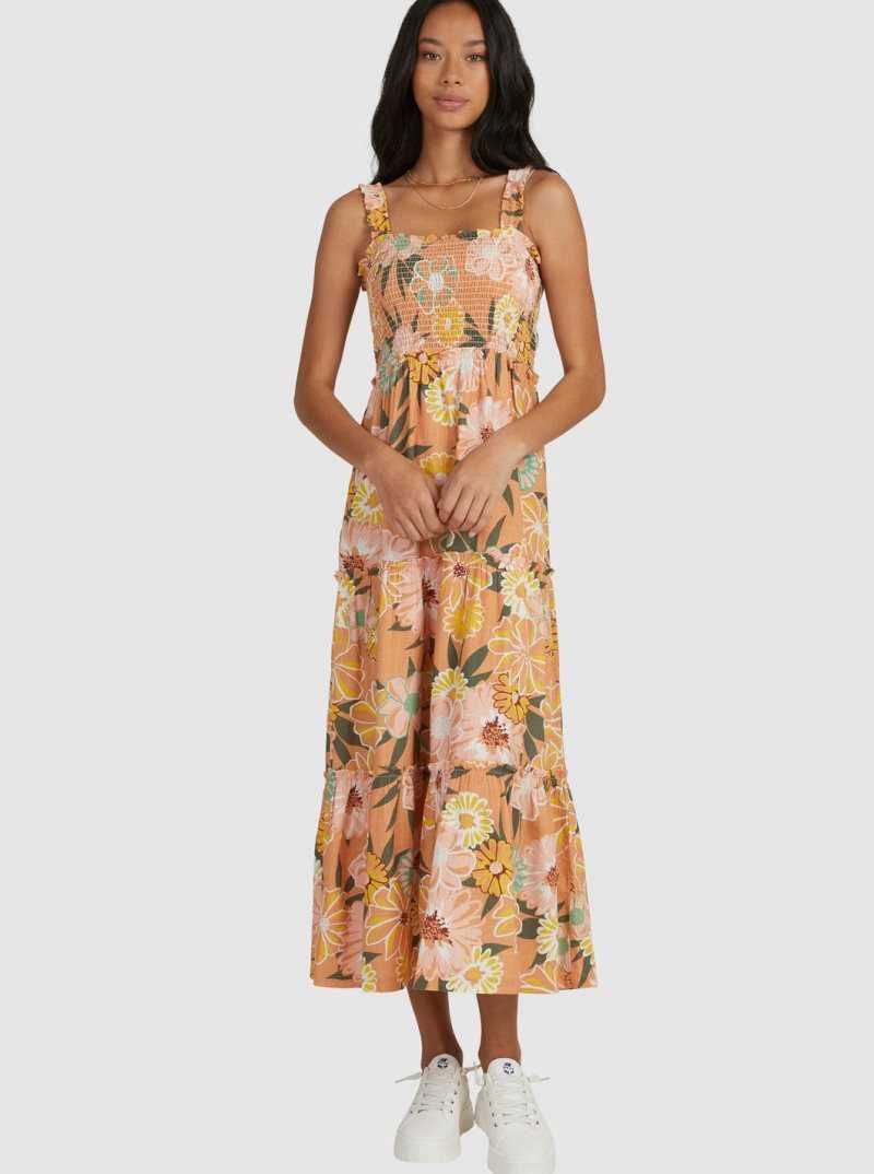 Toasted Nut Bloom Boogie Roxy Sunnier Shores Woven Maxi Dress | XJCQFN804