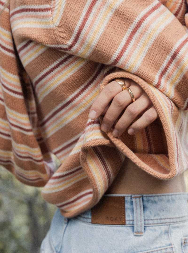 Toasted Nut Retro Rays Stripe Roxy Side Swipe Poncho Hoodie | TJLZNM643