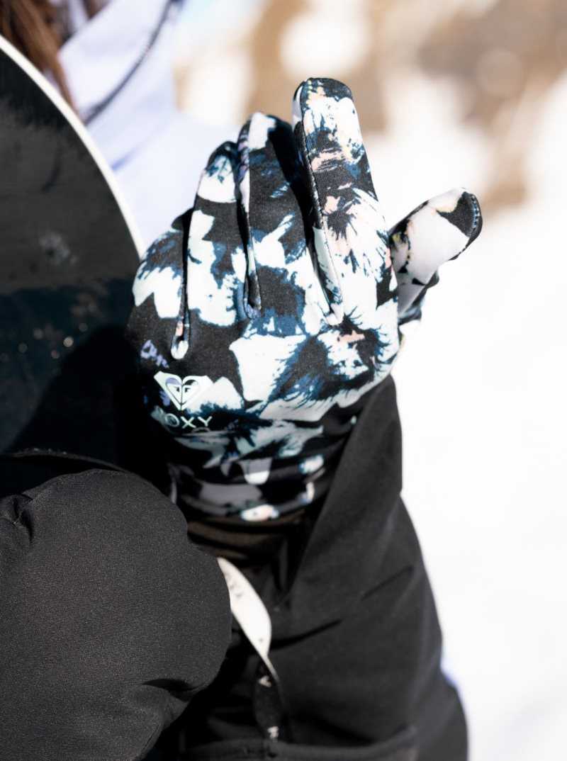 True Black Black Flowers Roxy HydroSmart Snowboard/Ski Glove Liner | QCEYTW754