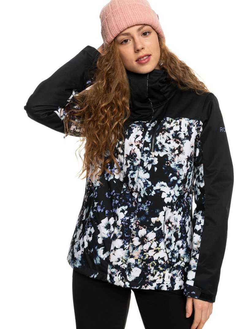 True Black Black Flowers Roxy Jetty Block Insulated Snow Jacket | EUZNIP543