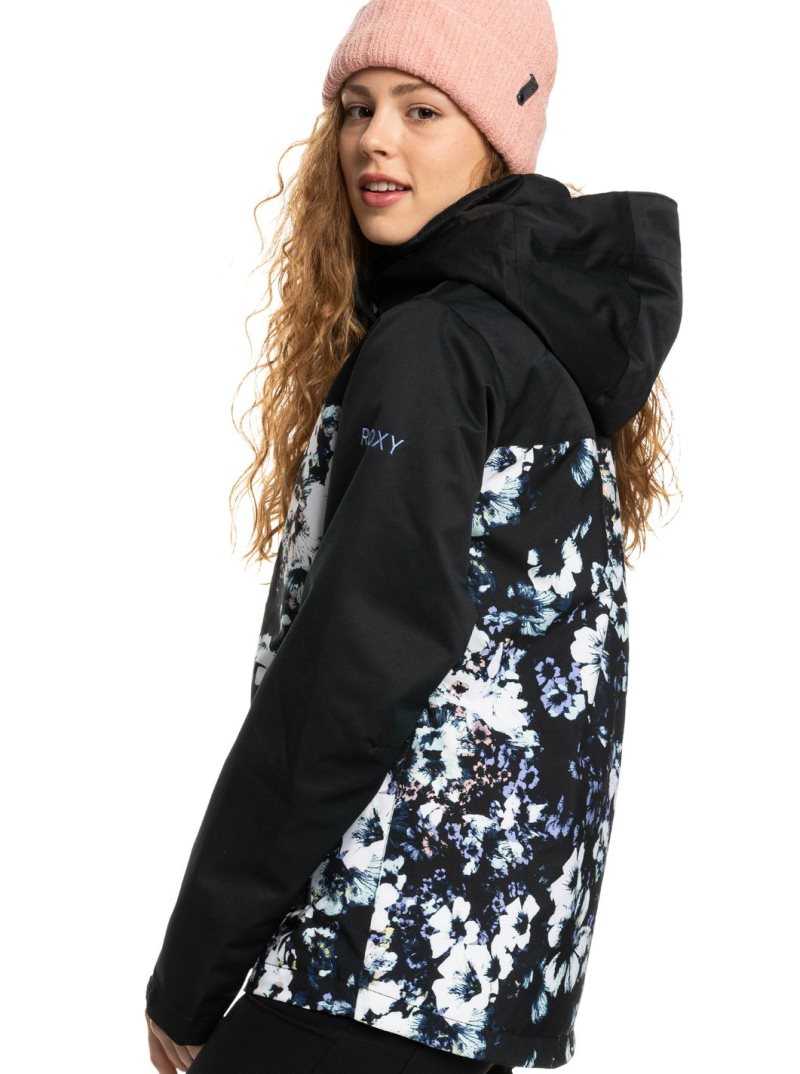 True Black Black Flowers Roxy Jetty Block Insulated Snow Jacket | EUZNIP543