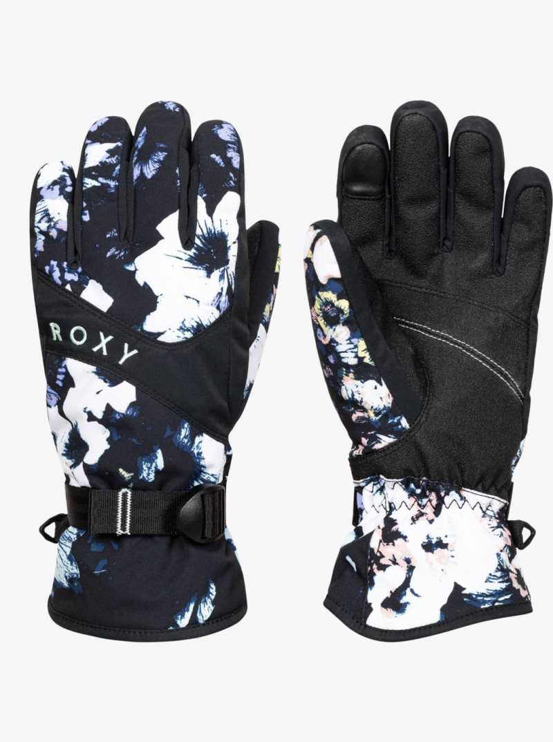 True Black Black Flowers Roxy Jetty Snowboard/Ski Gloves | OTKFAV560