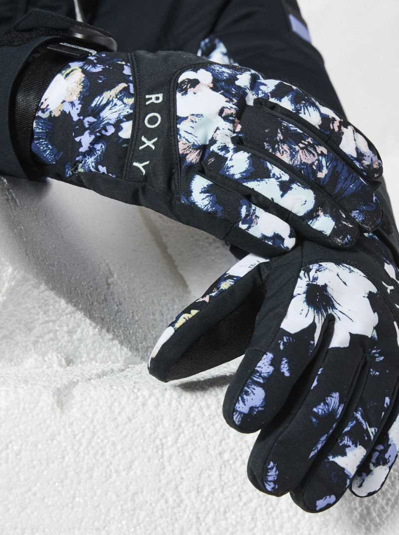 True Black Black Flowers Roxy Jetty Snowboard/Ski Gloves | OTKFAV560