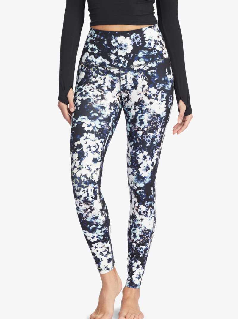 True Black Black Flowers Roxy Kaileo High Waisted Workout Leggings | EWRZDY067