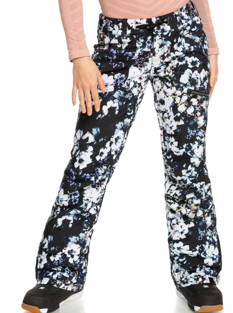 True Black Black Flowers Roxy Nadia Printed Insulated Snow Pants | TJFMBN931