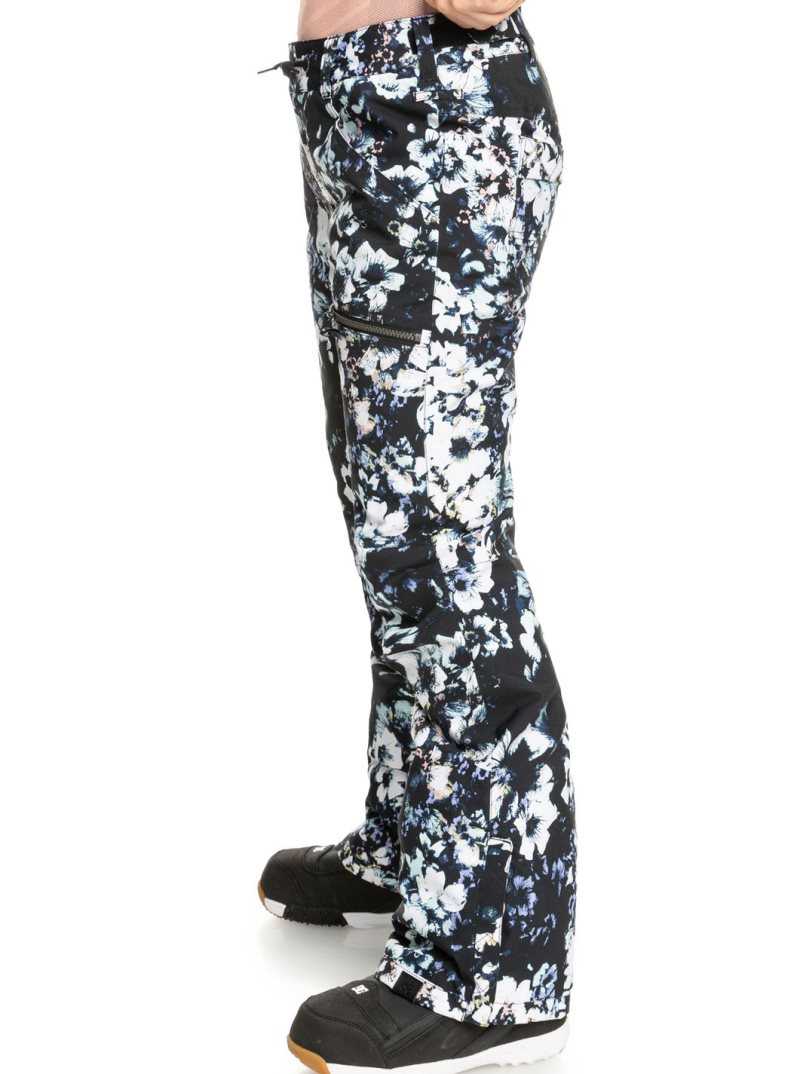 True Black Black Flowers Roxy Nadia Printed Insulated Snow Pants | TJFMBN931