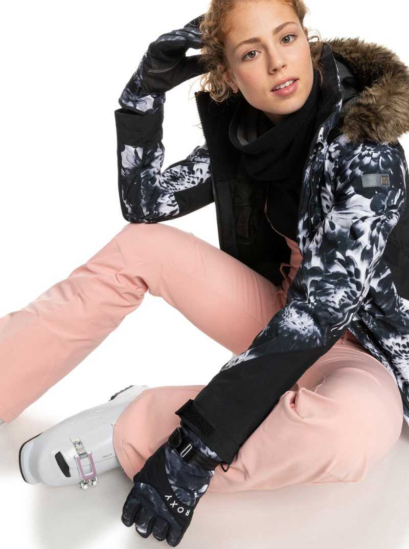 True Black Future Flower Roxy Jetty Snowboard/Ski Gloves | QFPMTH871