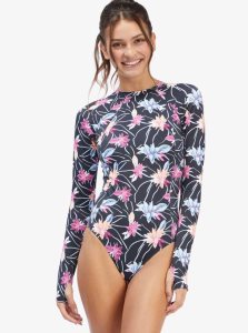 Anthracite Floral Flow Roxy Active Long Sleeve Back Zip One Piece Rashguard | BGCWZJ184