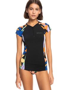 Anthracite Flower Jammin Roxy Caps Sleeve Short Sleeve Zip-Up Rashguard | EFOQZL568