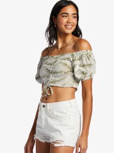 Palm Tree Dreams Roxy Flirty Walk Printed Ruched Cropped Top With Puff Sleeves | NKAEQW863