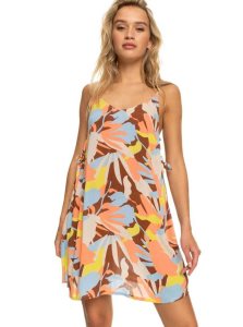 Rustic Brown Floraldelic Roxy Beachy Vibes Printed Beach Cover-Up Dress | KIQAFC902